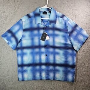 $79 NEW Perry Ellis Shirt Men XXL Linen‎ Blend Button Up Short Sleeve Blue Ombre
